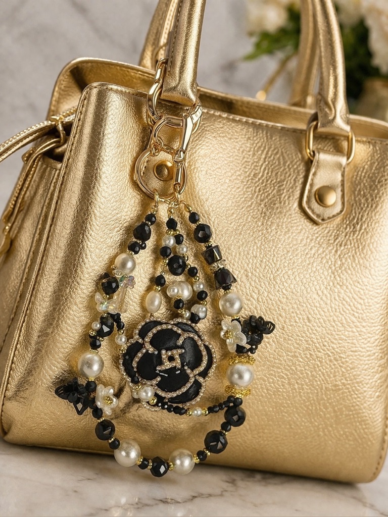 Elegant Black And Gold Floral Keychain/Purse Chain